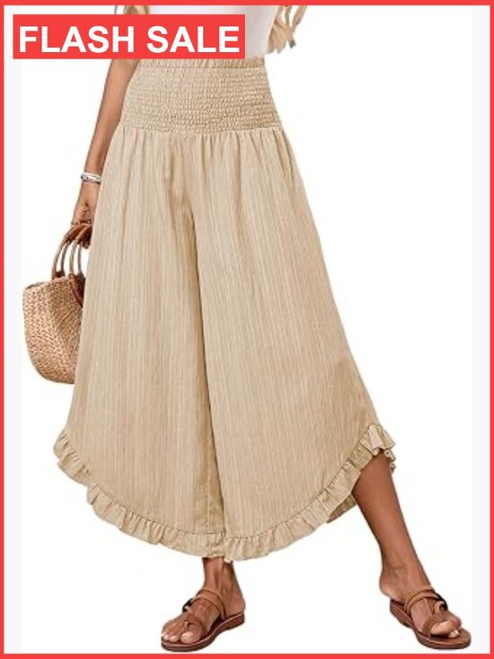 Pants - Wide Leg Palazzo Pants for Women High Waist Flowy Ruffle Hem Summer Beach